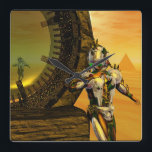 CYBORG TITAN、DESART HYPERION SCIENCE Fictionサイエンスフ スクエア壁時計<br><div class="desc">芸術的、カラフル、明るいSF画像（黄、緑、茶、白）。3D映画『Hyperion World』のアニメーション枠、エジプトの風景に似た、ピラミッド、熱い太陽、砂漠のような超現実的な環境で、反射性のクロム金属のキャラペースを持つ、HyperionのTitanのサイボーグ。Baldesign3d (c)</div>