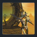 CYBORG TITAN、DESART HYPERION SCIENCE Fictionサイエンスフ スクエア壁時計<br><div class="desc">芸術的、カラフル、明るいSF画像（黄、緑、茶、白）。3D映画『Hyperion World』のアニメーション枠、エジプトの風景に似た、ピラミッド、熱い太陽、砂漠のような超現実的な環境で、反射性のクロム金属のキャラペースを持つ、HyperionのTitanのサイボーグ。Baldesign3d (c)</div>