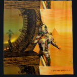 CYBORG TITAN, DESERT HYPERION Science Fictionサイエンス シャワーカーテン<br><div class="desc">黄色芸術的、緑、茶色、白の鮮やかなSF映像。HyperionのTitan cyborgと彼の反射クロムメタリックなキャラペ鮮やかースで超現実的な環境でピラミッド、熱い太陽、エジプトの風景に似た砂漠、3D映画のアニメーションフレームHyperion World .Baldesign3d (c)</div>