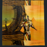 CYBORG TITAN, DESERT HYPERION Science Fictionサイエンス シャワーカーテン<br><div class="desc">黄色芸術的、緑、茶色、白の鮮やかなSF映像。HyperionのTitan cyborgと彼の反射クロムメタリックなキャラペ鮮やかースで超現実的な環境でピラミッド、熱い太陽、エジプトの風景に似た砂漠、3D映画のアニメーションフレームHyperion World .Baldesign3d (c)</div>