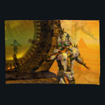 CYBORG TITAN, DESERT HYPERION Science Fictionサイエンス 枕カバー<br><div class="desc">黄色芸術的、緑、茶色、白の鮮やかなSF映像。HyperionのTitan cyborgと彼の反射クロムメタリックなキャラペ鮮やかースで超現実的な環境でピラミッド、熱い太陽、エジプトの風景に似た砂漠、3D映画のアニメーションフレームHyperion World .Baldesign3d (c)</div>