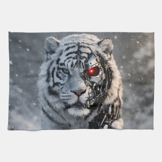 Cyborg white tiger kitchen towel, futuristic sci-f キッチンタオル (横)