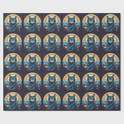 Cymric Cat With Mountain Backdrop Stars ラッピングペーパー (フラット)