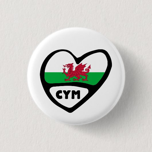 Cymruの国番号の旗のハートPin、ウェールズ、CYM 缶バッジ (正面)