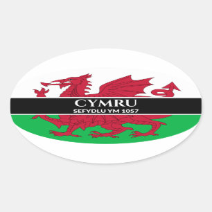 Cymru Sefydlu YM 1057ウェルシュドラゴンフラグホワイト文字 楕円形シール