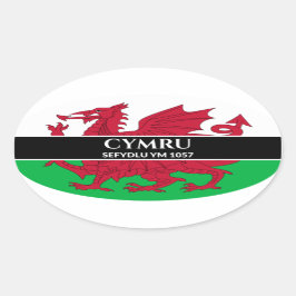 Cymru Sefydlu Ym 1057ウェールズ国旗の白文字 楕円形シール