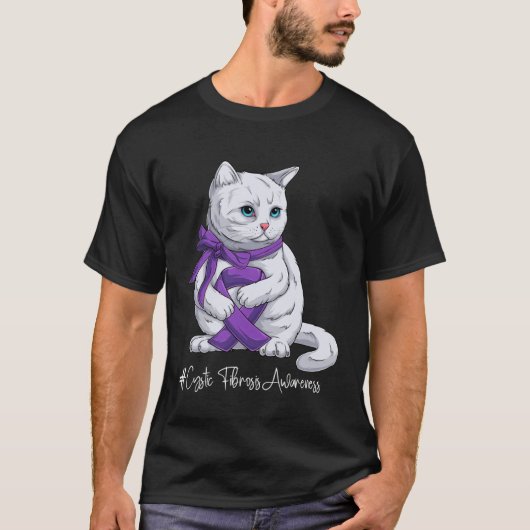 Cystic Fibrosis Awareness Month Purple Ribbon Cat Tシャツ (正面)