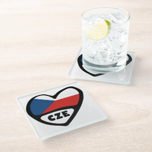 Czech Republic Country Code Flagハート, CZE ガラスコースター