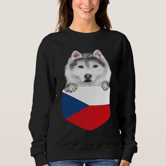 Czech Republic Flag Siberian Husky Dog In Pocket スウェットシャツ (正面)