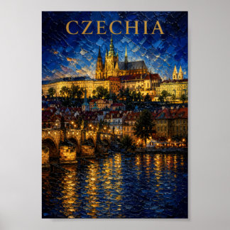 Czechia: Night Glow Prague Castle Art Souvenir ポスター