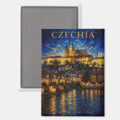 Czechia: Night Glow Prague Castle Art Souvenir マグネット (正面/裏面)