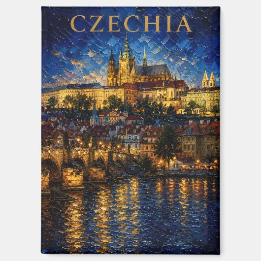 Czechia: Night Glow Prague Castle Art Souvenir マグネット (正面)