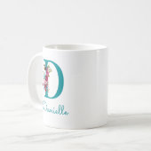 Dの文字のティール+ピンクの花柄 コーヒーマグカップ (正面左)