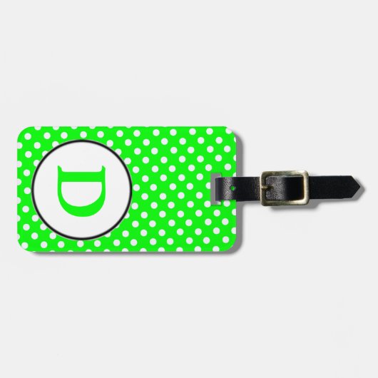 Dを持つネオン緑の白い水玉模様 ラゲッジタグ (正面横)