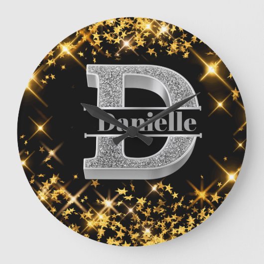 Dイニシャルパーソナライズされたシルバーモノグラムあなたの名前 ラージ壁時計 (正面)