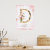 Dイニシャル ゴールドの葉 ピンクのマグノリア 花 ポスター (キッチン)
