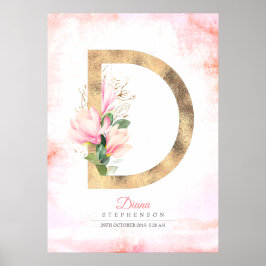 Dイニシャル ゴールドの葉 ピンクのマグノリア 花 ポスター