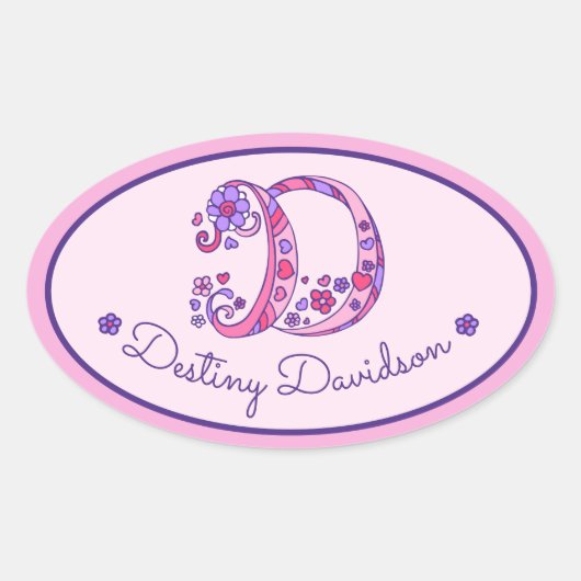 Dレターモノグラム名前をカスタムするIDピンクステッカー 楕円形シール (正面)