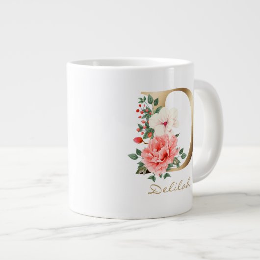 Dレター金ゴールドモノグラム |ピンクホワイトグリーンフローラ ジャンボコーヒーマグカップ (正面右)