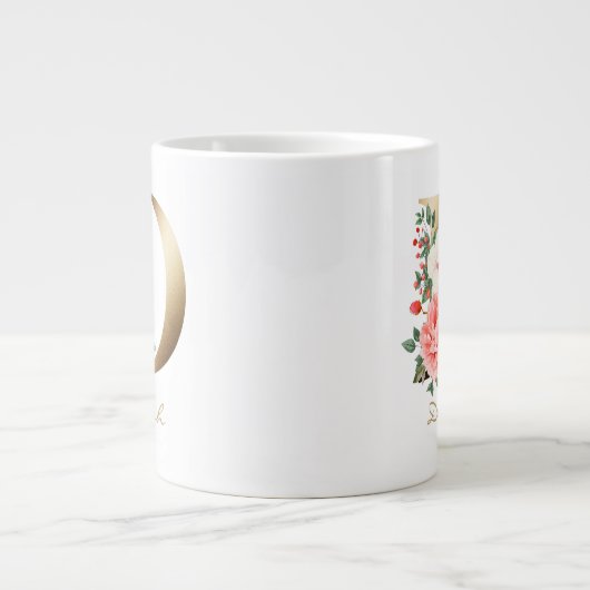 Dレター金ゴールドモノグラム |ピンクホワイトグリーンフローラ ジャンボコーヒーマグカップ (正面)