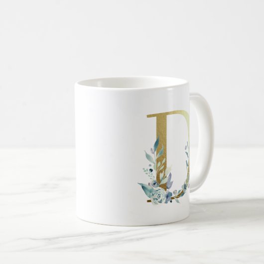 D金ゴールドイニシャルと青いフローラの葉 コーヒーマグカップ (正面右)