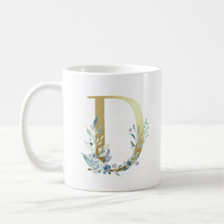 D金ゴールドイニシャルと青いフローラの葉 コーヒーマグカップ