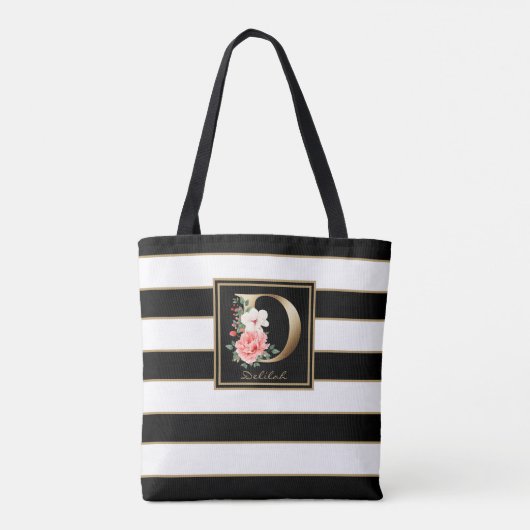 D金ゴールドフローラモノグラム |白黒金ゴールドストライプ トートバッグ (裏面)