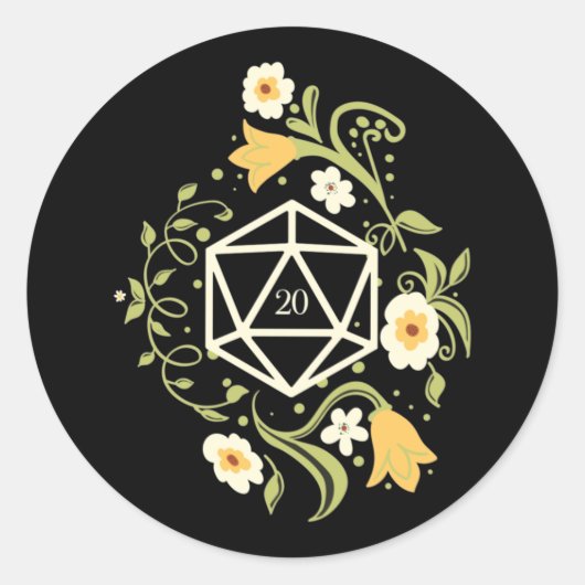 D20サイコロのDruid Flowers Tabletop RPG ラウンドシール (正面)