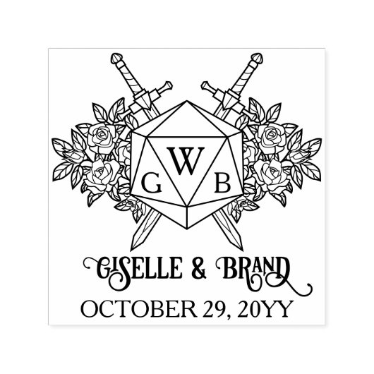D20モノグラムローズRPGテーマの結婚式 セルフインキングスタンプ (デザイン)