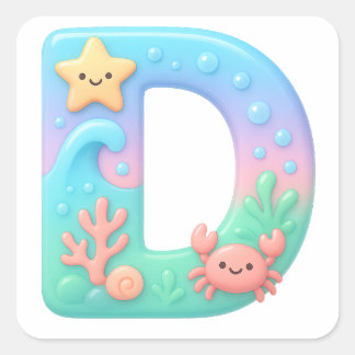 "D" かわいいバブルレター - 水中海の生き物A スクエアシール