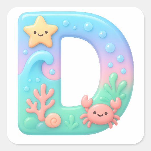 "D" かわいいバブルレター - 水中海の生き物A スクエアシール (正面)