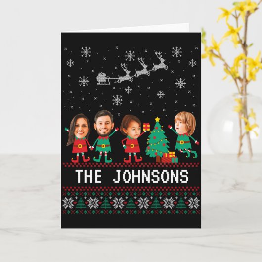 D Funny Face Photo Christmas Elf Family  カード (黄色い花)