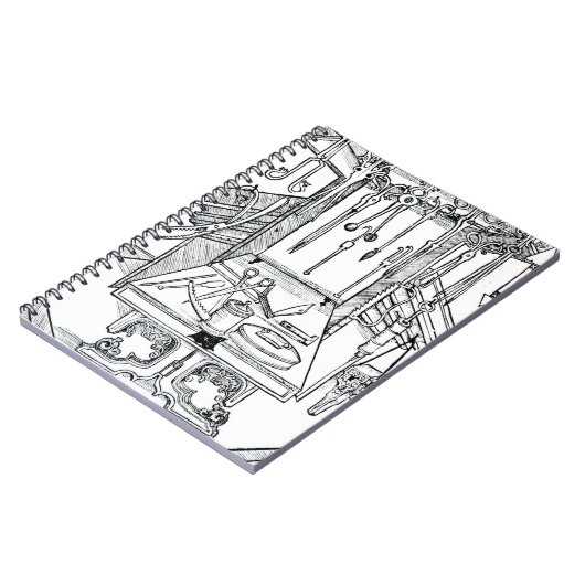 「Daからの手術台そして外科手術用の器具、 ノートブック (左側)