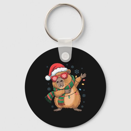 Dabbing Capybara Christmas Santa Hat Funny Holiday キーホルダー (正面)