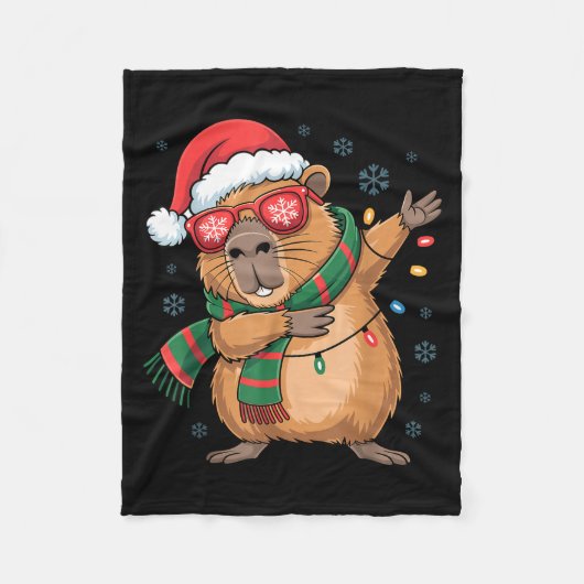 Dabbing Capybara Christmas Santa Hat Funny Holiday フリースブランケット (正面)