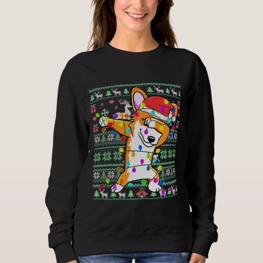 Dabbing Corgi Fairy Lights Ugly Christmas Sweater スウェットシャツ (正面)