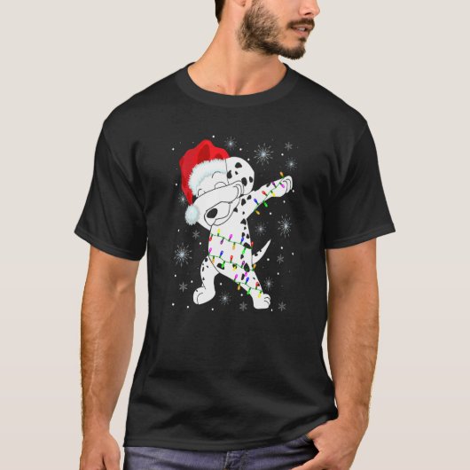 Dabbing Dalmatian Dog Wear Santa Hat Lights Christ Tシャツ (正面)
