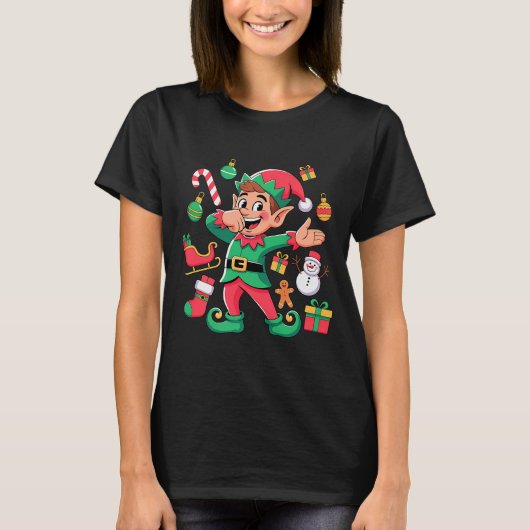 Dabbing Elf Santa Sleigh Snowman Funny Dabbing Chr Tシャツ (正面)