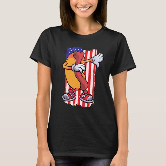 Dabbing Hot Dog Dancing Food  Flag 4th July Themed Tシャツ (正面)