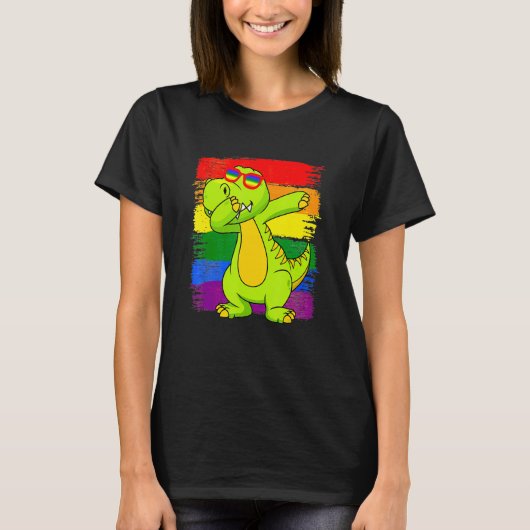 Dabbing Pridesaurus Rex Dinosaur LGBT Flag Gay Pri Tシャツ (正面)