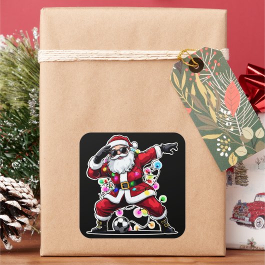 Dabbing Santa Christmas Lights Soccer スクエアシール (クリスマス)