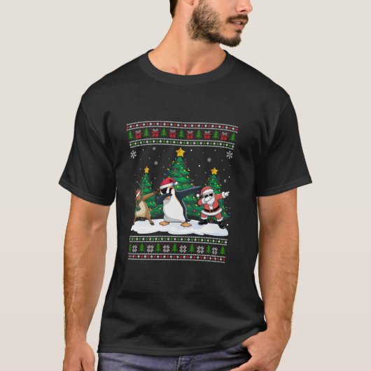 Dabbing Santa Reindeer Penguin Tree Lights Ugly Xm Tシャツ (正面)