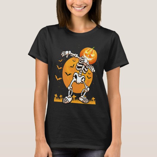 Dabbing Skeleton Pumpkin Halloween Costume Men Wom Tシャツ (正面)