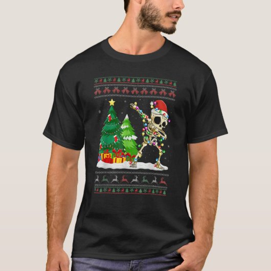 Dabbing Skeleton Tree Santa Hat Ugly Christmas Swe Tシャツ (正面)