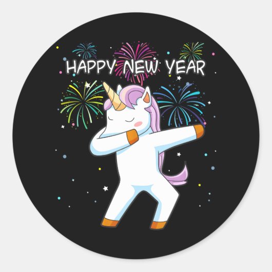 Dabbing Unicornハッピーニューイヤー・ダンサー ラウンドシール (正面)