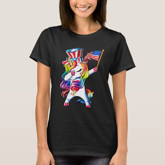 Dabbing Unicorn 4th of July Girls Kids Women Ameri Tシャツ (正面)