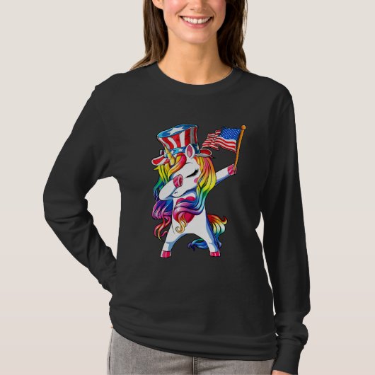 Dabbing Unicorn 4th of July Girls Kids Women Ameri Tシャツ (正面)