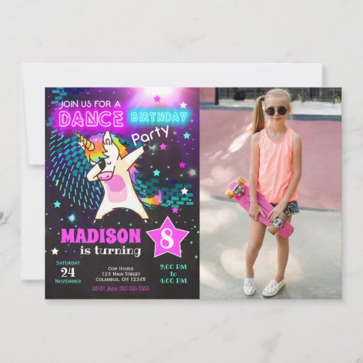 Dabbing Unicorn Birthday Invitation / Dance Party 招待状 (正面)