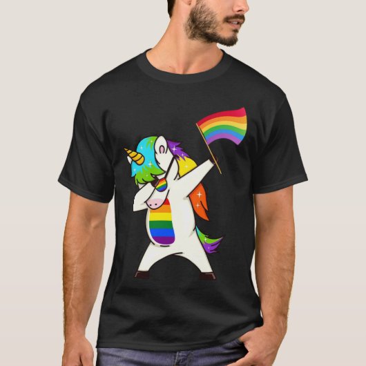 Dabbing Unicorn Gay Pride LGBT  Lesbian Rainbow Fl Tシャツ (正面)