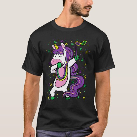 Dabbing Unicorn Jester Hat Mask Mardi Gras Festiva Tシャツ (正面)